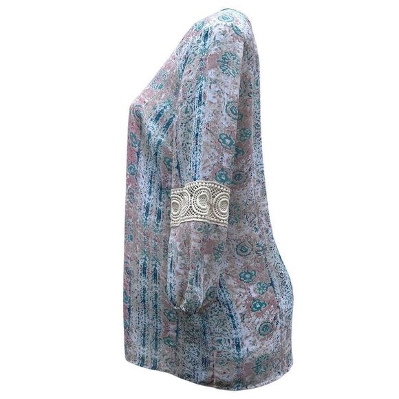 Krazy Kat Tunic Blouse Women's Large Pastel Floral Crochet Lace Trim 3/4 Sleeve - Picture 9 of 14